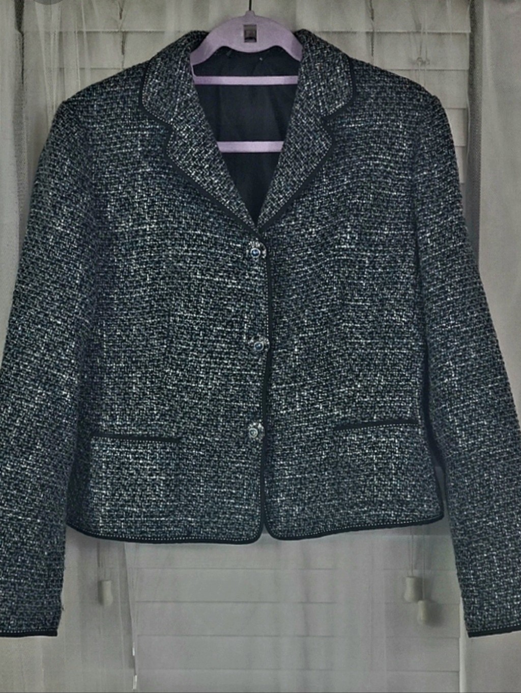 Elie Tahari Tweed Blazer Jacket With Rhinestone Embellished Buttons. Size L
